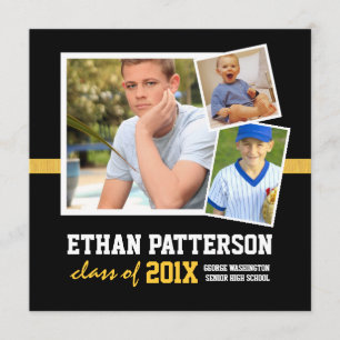 Sporty 3 Photo Graduation Announcement Black Gold