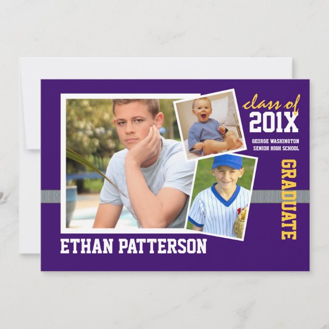 Sporty 3 Photo Graduation Announcement Purple Gold (Front)