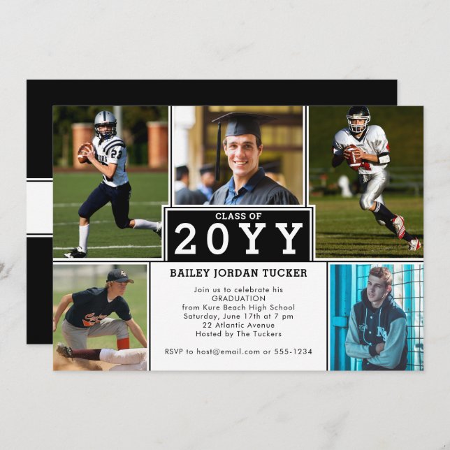 Sporty 5-Photo Black White Graduation Invitation (Front/Back)