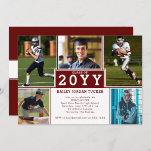 Sporty 5-Photo Burgundy Red Graduation Invitation