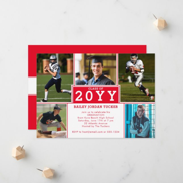 Sporty 5-Photo Red White Graduation Invitation (Front/Back In Situ)