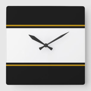 Sporty 70s Wide Black White Brown Racing Stripes Square Wall Clock