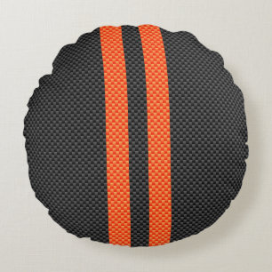Sporty Accent Orange Stripes Carbon Style Print Round Cushion