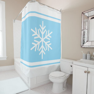 Sporty Alpine Snowflake Light Blue White Stripes Shower Curtain