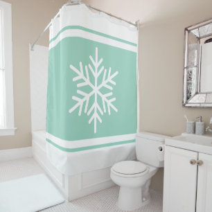Sporty Alpine Snowflake Pastel Teal White Stripes Shower Curtain
