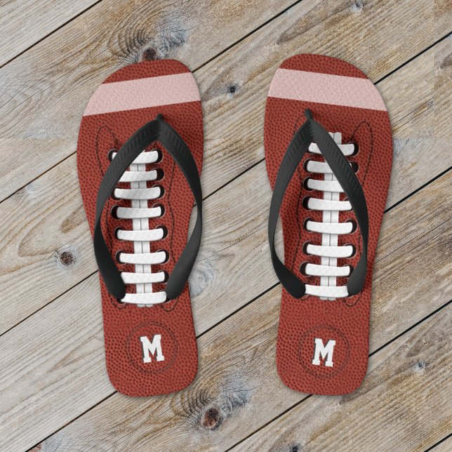Sporty American Football Monogrammed Flip Flops (Hup! Suitable for all football fans and dads (and moms) that love to bring their A game)