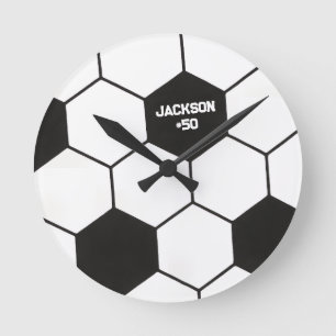 Sporty Black And White Soccer Ball Pattern Custom Round Clock