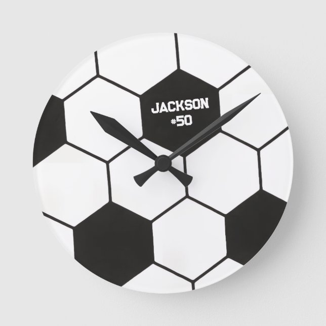 Sporty Black And White Soccer Ball Pattern Custom Round Clock (Front)