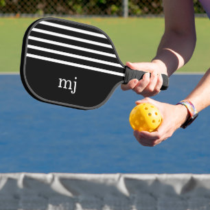 Sporty Black and White Stripes with Monogram Pickleball Paddle