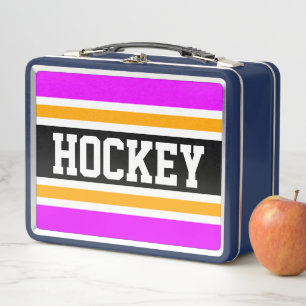 Sporty Black Bright Pink Yellow HOCKEY Stripes Metal Lunch Box