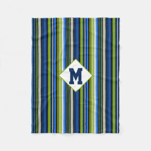 Sporty Blue Green Stripe Monogram Fleece Blanket