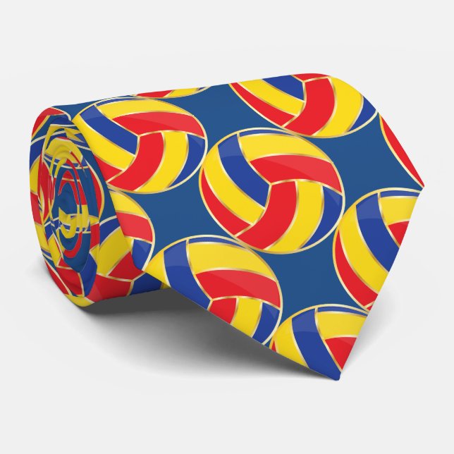 Sporty Blue, Yellow, Red, and Gold Trim Volleyball Tie (Rolled)