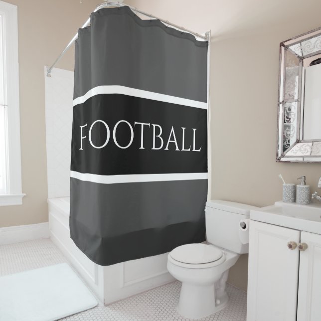 Sporty Bold Black Dark Grey White Stripes FOOTBALL Shower Curtain (In Situ)