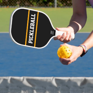 Sporty Bold Black Yellow Stripes PICKLEBALL Text Paddle