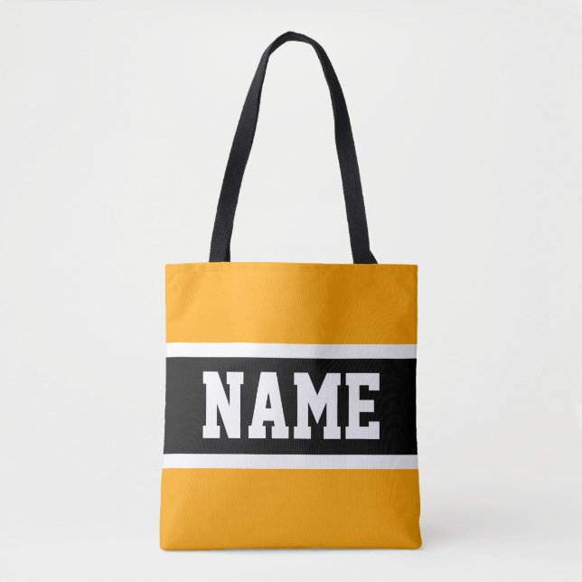 Sporty Bold Bright Yellow Black White Stripes Text Tote Bag (Front)