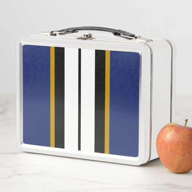 Sporty Bold Navy Blue Black White Racing Stripes Metal Lunch Box (In Situ)