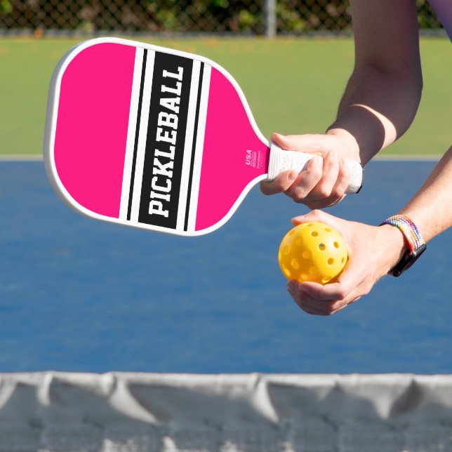 Sporty Bold Pink Black White Racing Stripes Text Pickleball Paddle (Insitu)