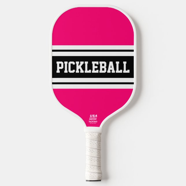 Sporty Bold Pink Black White Racing Stripes Text Pickleball Paddle (Front)