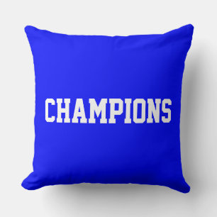 Sporty Bold White CHAMPIONS Text On Bright Blue Cushion