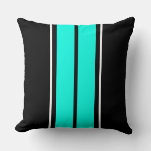 Sporty Bright Aqua White Racing Stripes On Black Cushion