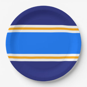 Sporty Bright Blue Yellow White Navy Party Stripes Paper Plate
