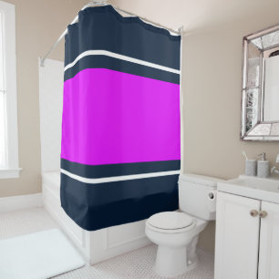 Sporty Bright Pink White Navy Blue Racing Stripes Shower Curtain