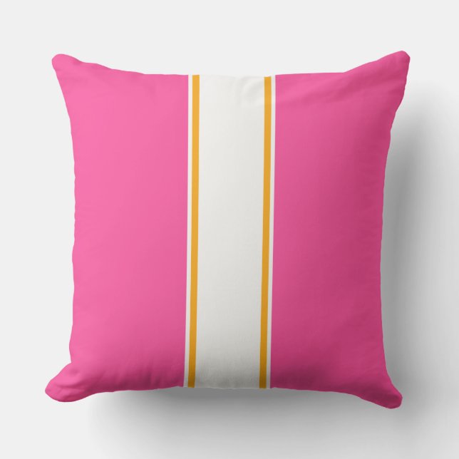 Sporty Bright Pink White Orange Racing Stripes Cushion (Front)