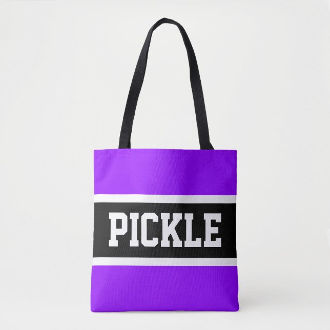 Sporty Bright Purple Black White Stripes PICKLE Tote Bag (Front)