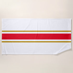 Sporty Bright Red Warm Brown White Racing Stripes Beach Towel