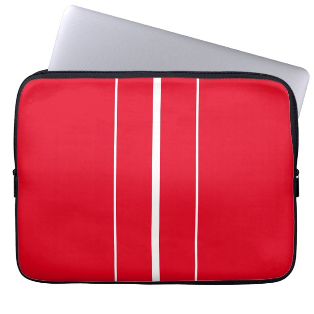 Sporty Bright Red White Vertical Racing Stripes Laptop Sleeve (Front)