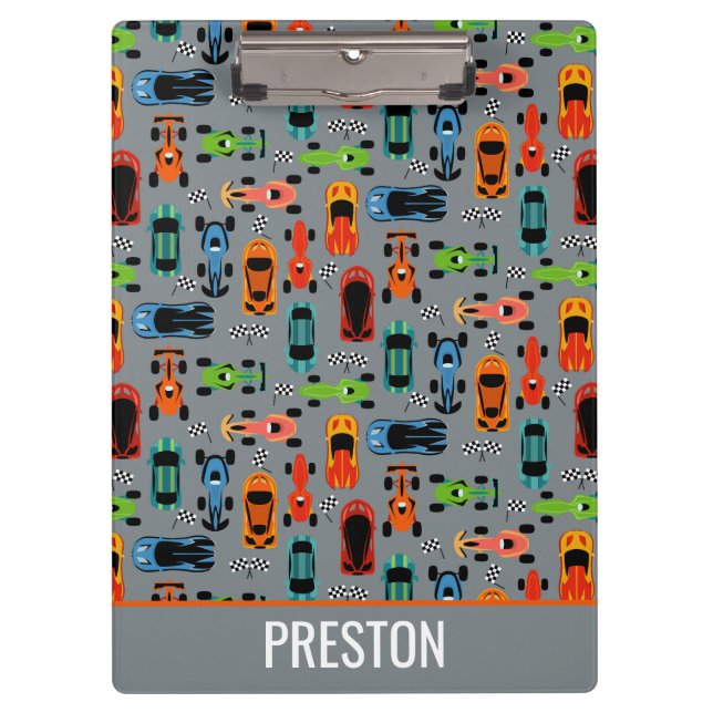Sporty Colourful Racing Cars Kids Personalised Clipboard (Front)