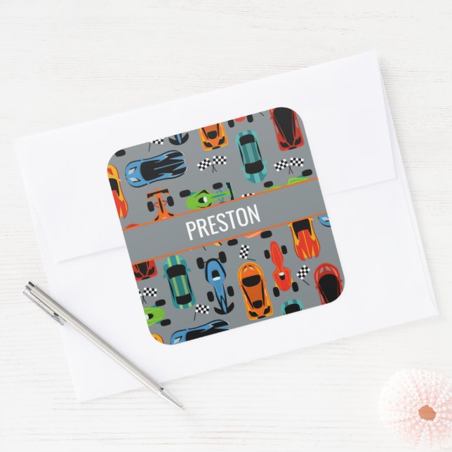 Sporty Colourful Racing Cars Kids Personalised Square Sticker (Envelope)