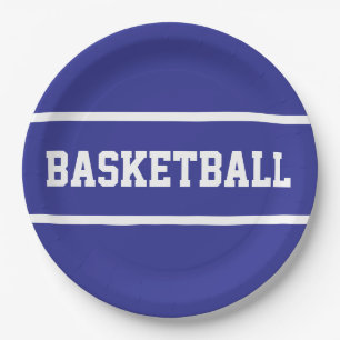 Sporty Deep Blue White BASKETBALL Text Stripes Paper Plate