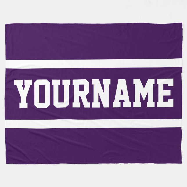 Sporty Deep Purple Your Name Text White Stripes Fleece Blanket (Front (Horizontal))