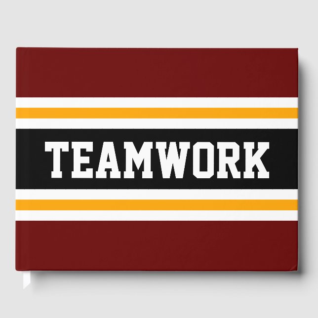 Sporty Deep Red Black Yellow TEAMWORK Stripes Guest Book (Front)