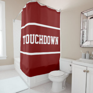 Sporty Deep Red Bold TOUCHDOWN White Text Stripes Shower Curtain