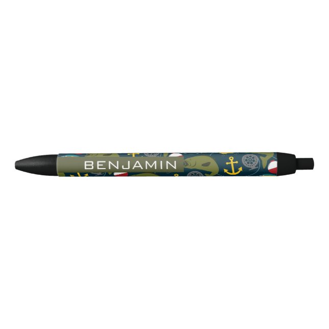 Sporty Fishing Pattern with Custom Name Black Ink Pen (Front)