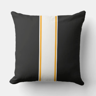 Sporty Fun Black Slim Yellow White Racing Stripes Cushion