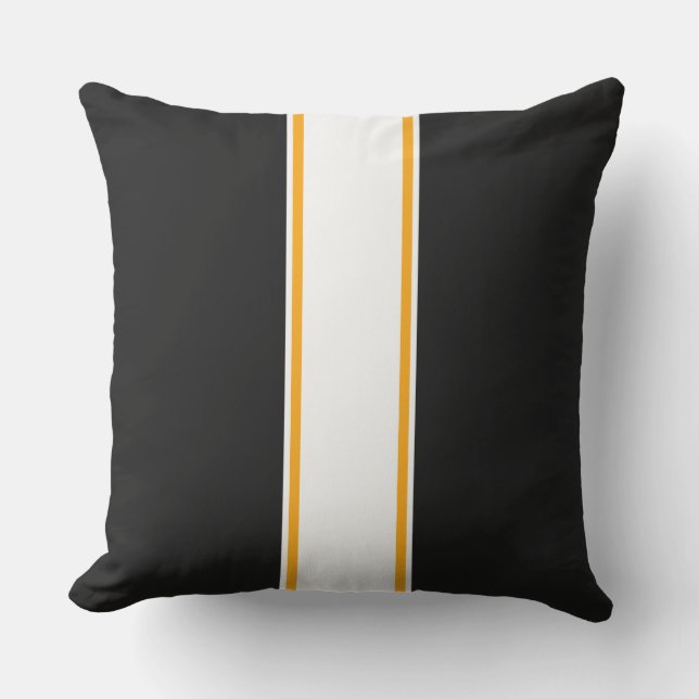 Sporty Fun Black Slim Yellow White Racing Stripes Cushion (Front)