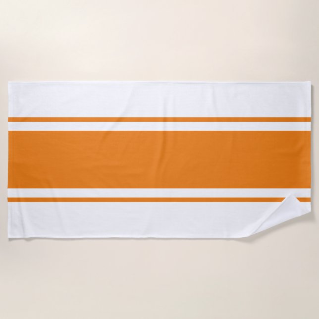 Sporty Fun Bright Orange White Racing Stripes Beach Towel (Front)