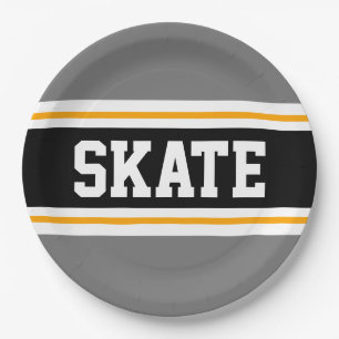 Sporty Fun Grey Black Yellow SKATE Racing Stripes Paper Plate
