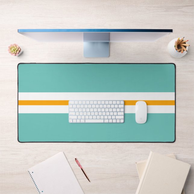 Sporty Fun Light Teal White Orange Racing Stripes Desk Mat (Office 1)