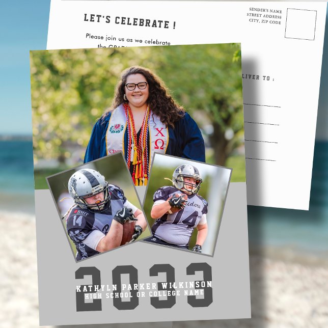Sporty Girl Modern Bold Script 3 Photo Graduation Invitation Postcard (Creator Uploaded)