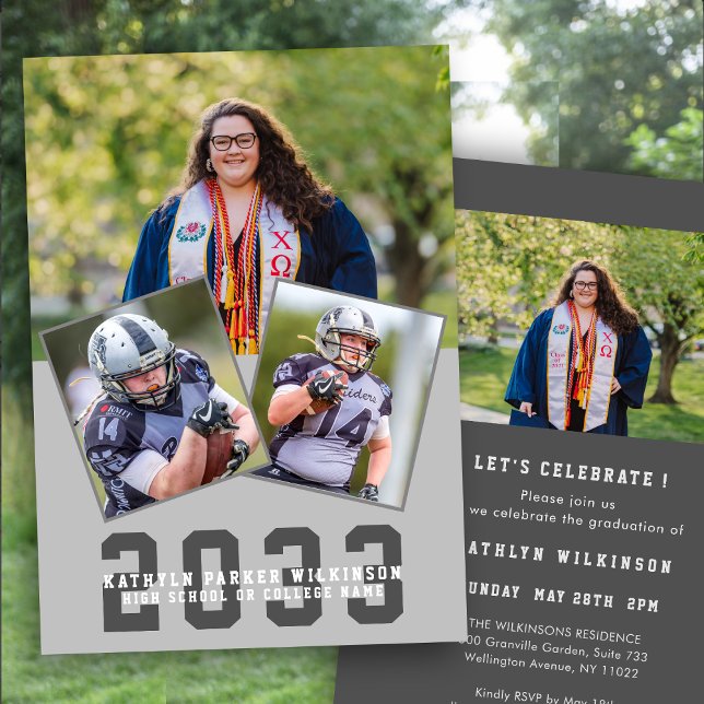 Sporty Girl Modern Bold Script 4 Photo Graduation  Invitation (Creator Uploaded)