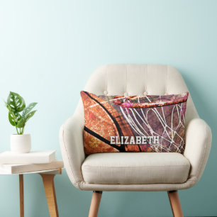 Sporty Girly Basketball and Hoop Pink Purple Lumbar Cushion