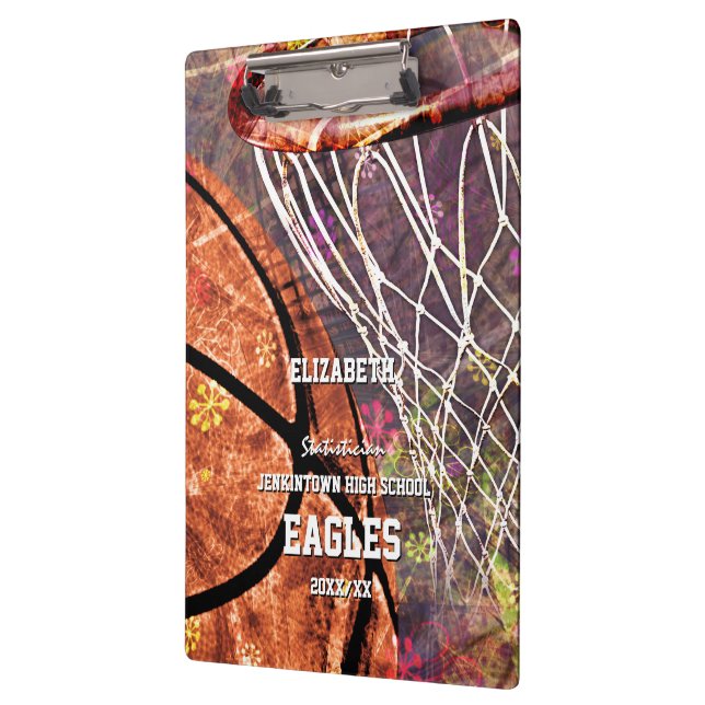 Sporty girly basketball hoop pink purple her name clipboard (Left)