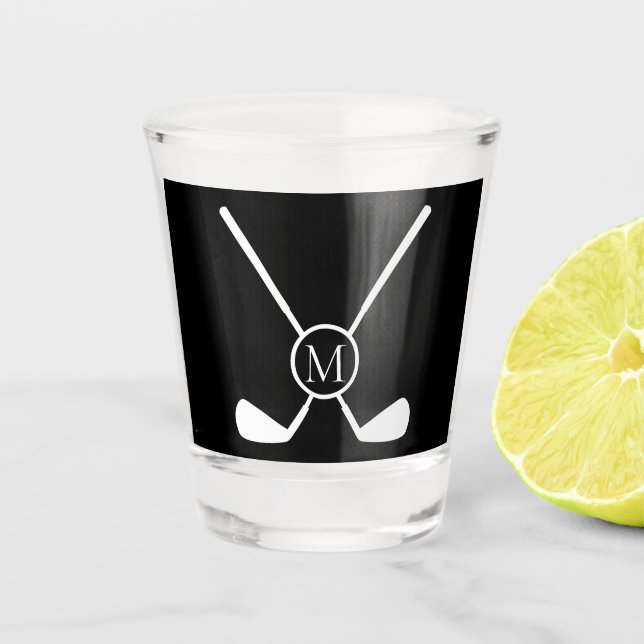 Sporty Golf Clubs Illustration White Monogram M  Shot Glass (Front)