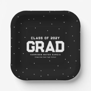 Sporty grad athlete black personalized graduation paper plate
