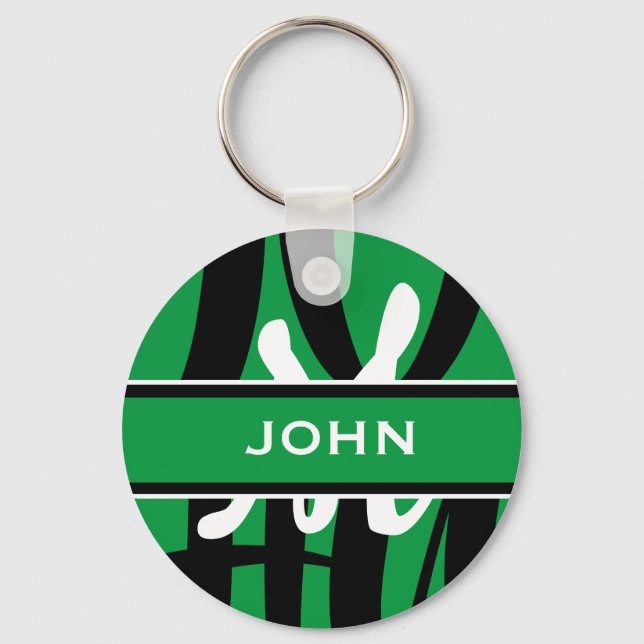 Sporty Green Black White Monogram Personalised  Key Ring (Front)