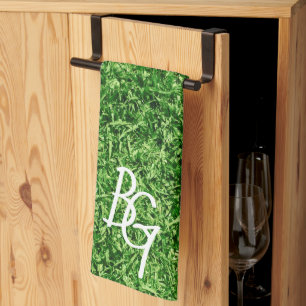Sporty Green Grass Background Monogram Initials Tea Towel